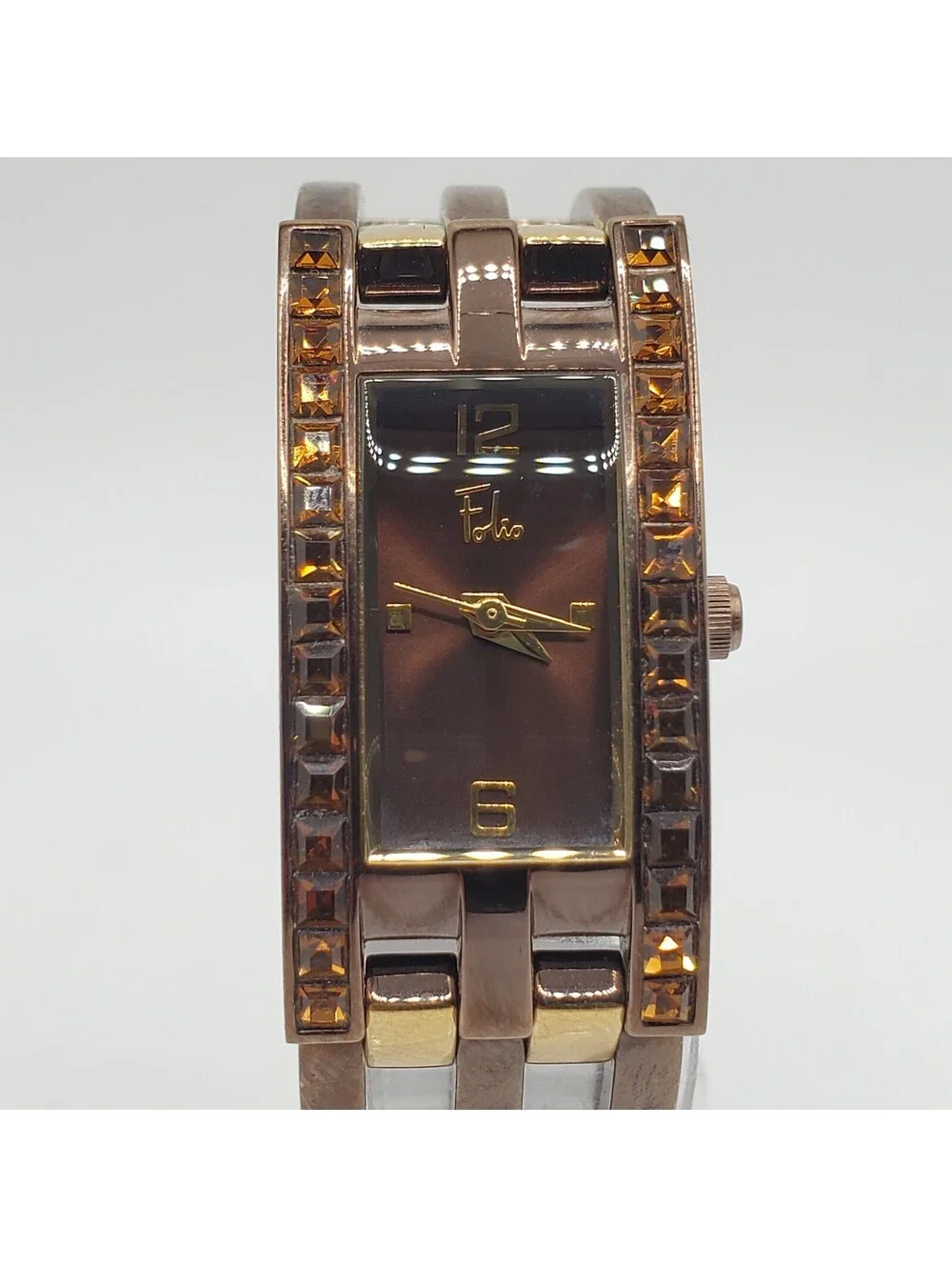 Folio Quartz Watch Womens 17mm Two-Tone Rectangle New Battery